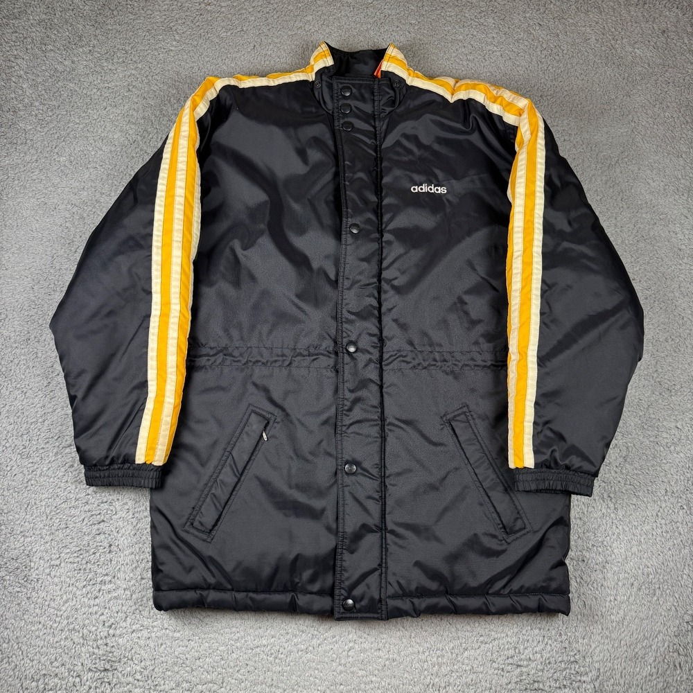 Vintage Adidas Long‎ Puffer Jacket Mens Large Black Yellow Quilted 90s Outdoors